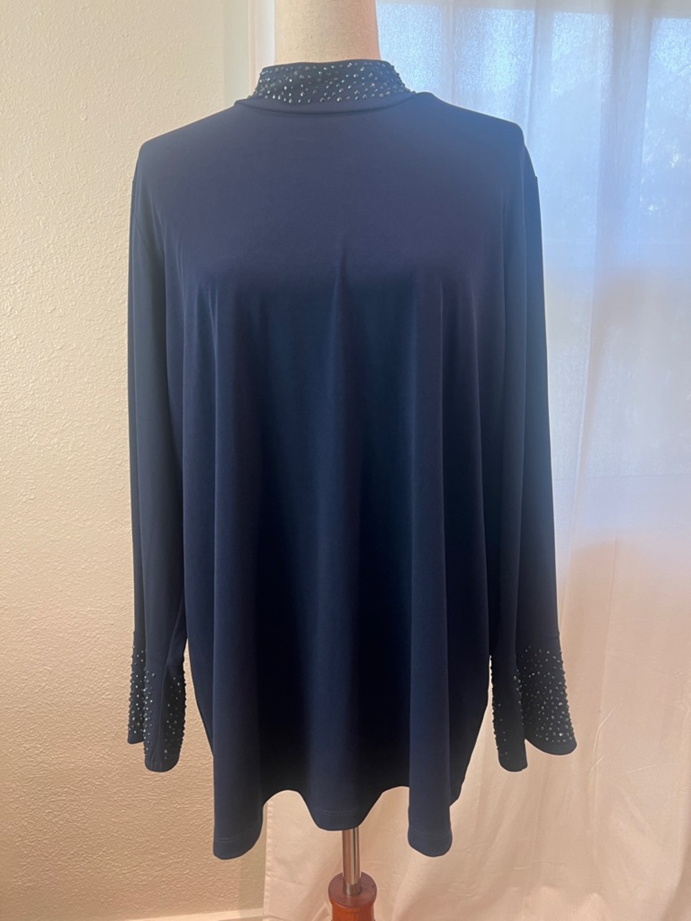 Susan Graver Navy Long-Sleeve Top with Beaded Collar and Cuffs NWOT